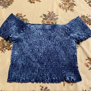 Velvet blue off the shoulder crop top